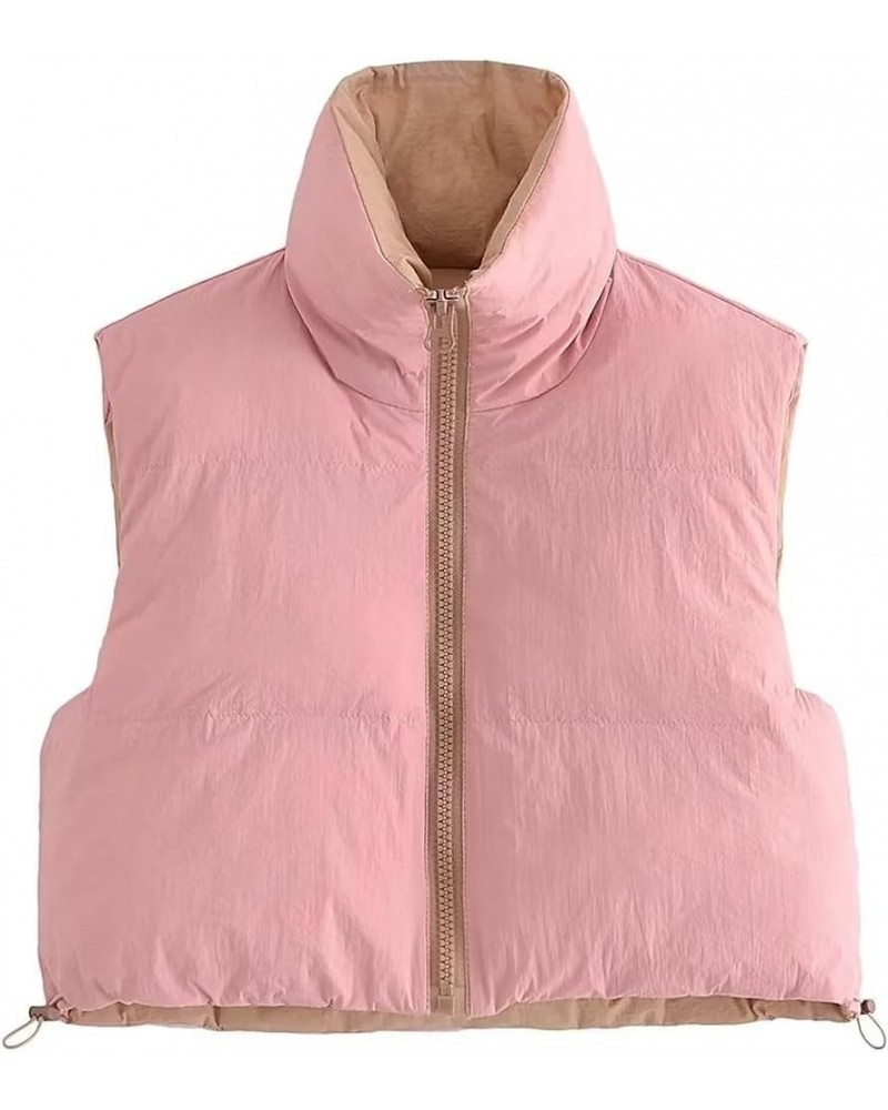 Women's Crop Puffer Vest Drawstring Full-Zip Reversible Puffy Vest Winter Waistcoat 03 Pink $10.19 Vests