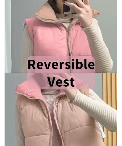 Women's Crop Puffer Vest Drawstring Full-Zip Reversible Puffy Vest Winter Waistcoat 03 Pink $10.19 Vests