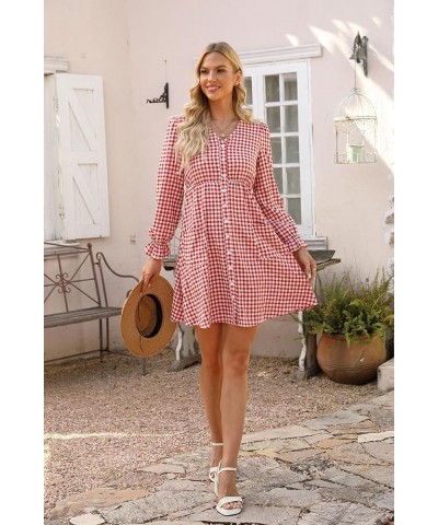 Women Summer Gingham Dress V Neck Short Sleeve Loose Pleated Sundress A Line Mini Dress with Pockets Long Sleeve-dust Red $11...