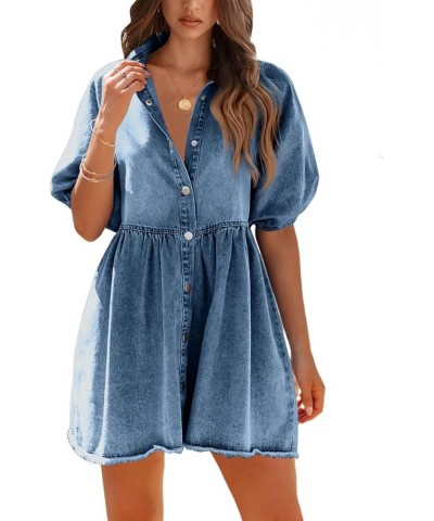 Womens Summer Denim Dress Button Down Short Sleeve Babydoll Dress Puff Sleeve Flowy Jean Dress Blue $29.15 Dresses