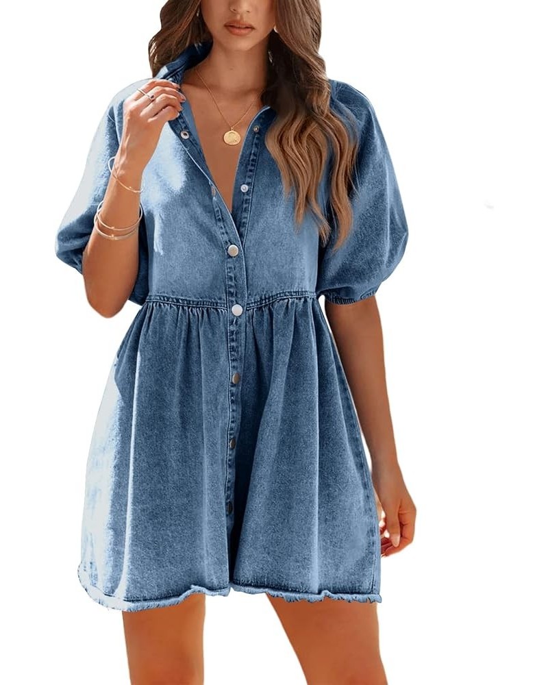 Womens Summer Denim Dress Button Down Short Sleeve Babydoll Dress Puff Sleeve Flowy Jean Dress Blue $29.15 Dresses