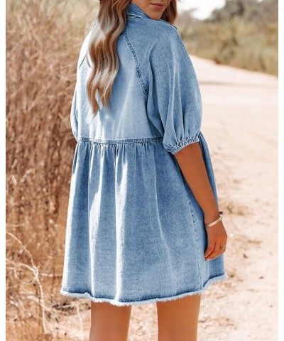 Womens Summer Denim Dress Button Down Short Sleeve Babydoll Dress Puff Sleeve Flowy Jean Dress Blue $29.15 Dresses