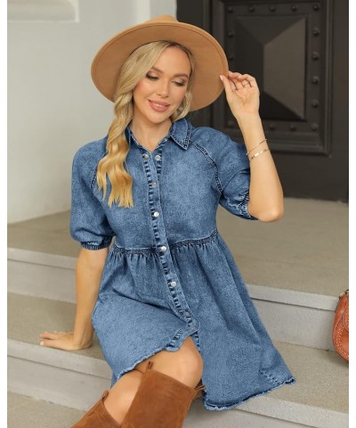 Womens Summer Denim Dress Button Down Short Sleeve Babydoll Dress Puff Sleeve Flowy Jean Dress Blue $29.15 Dresses