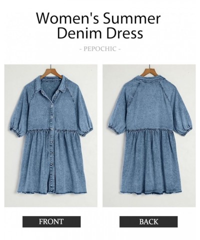 Womens Summer Denim Dress Button Down Short Sleeve Babydoll Dress Puff Sleeve Flowy Jean Dress Blue $29.15 Dresses