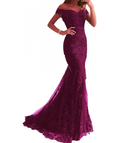 Women's Off The Shoulder Mermaid Evening Gowns Lace Beaded Long Prom Formal Dresses Dark Purple $34.20 Dresses