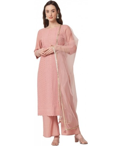 Women's Viscose Silk Chikankari Kurta Palazzo Dupatta set Peach $29.98 Sleep & Lounge