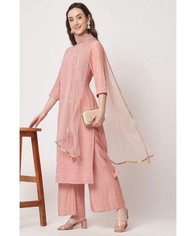 Women's Viscose Silk Chikankari Kurta Palazzo Dupatta set Peach $29.98 Sleep & Lounge