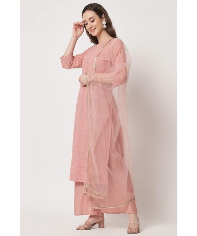 Women's Viscose Silk Chikankari Kurta Palazzo Dupatta set Peach $29.98 Sleep & Lounge