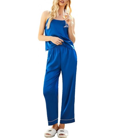 Women Satin Pajamas Silk Sleeveless Pjs Set Soft Camisole Tops and Pants with Pockets S-XXL Snorkel Blue $15.40 Sleep & Lounge