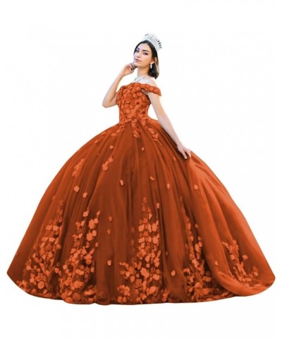 3D Floral Quinceanera Dresses with Train Puffy Tulle Sweet 16 Dresses Off Shoulder Lace Appliques Prom Gowns Burnt Orange $60...