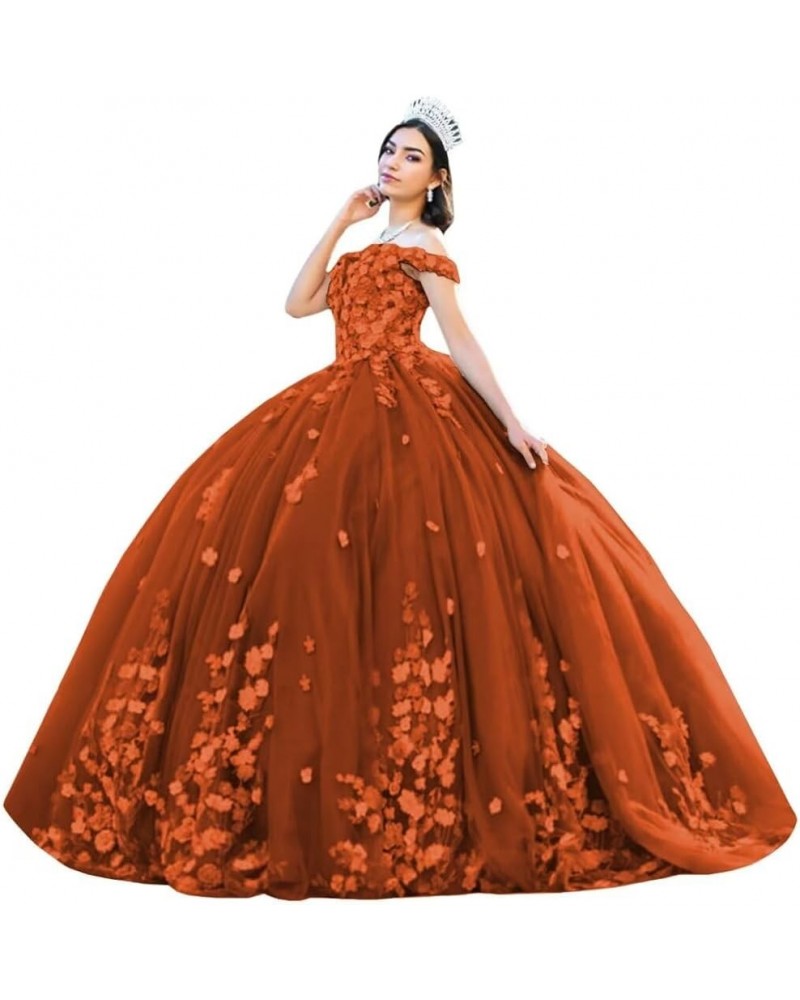 3D Floral Quinceanera Dresses with Train Puffy Tulle Sweet 16 Dresses Off Shoulder Lace Appliques Prom Gowns Burnt Orange $60...