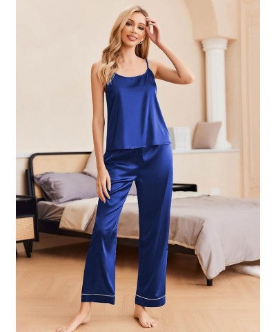 Women Satin Pajamas Silk Sleeveless Pjs Set Soft Camisole Tops and Pants with Pockets S-XXL Snorkel Blue $15.40 Sleep & Lounge