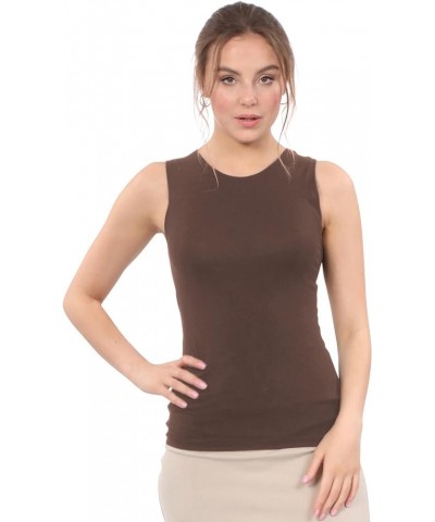 Modest High Neck Tank Top for Women Full-Shoulder Sleeveless Shell Dark Brown $11.96 Tanks