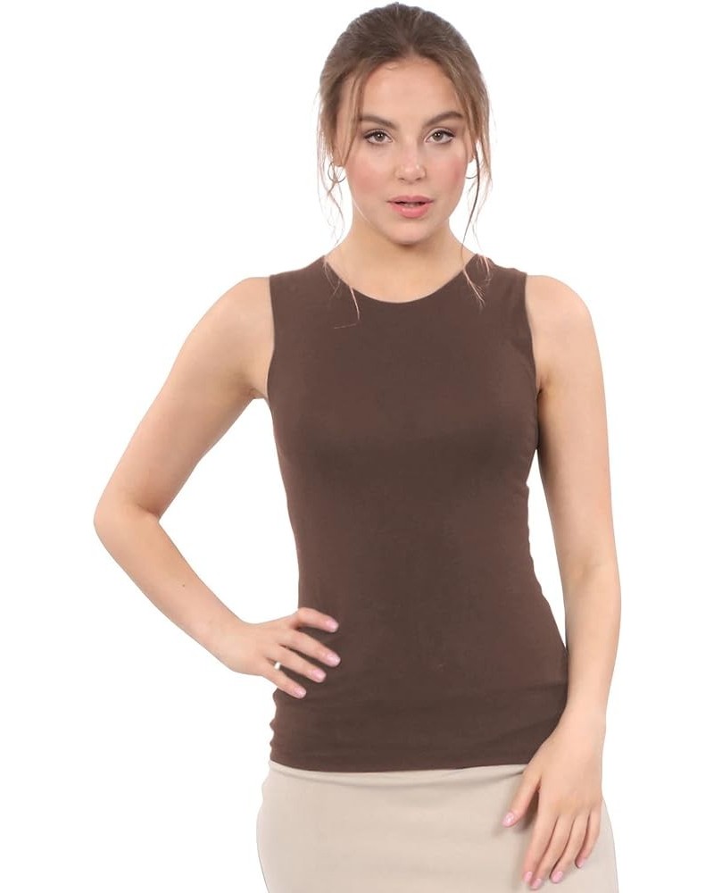 Modest High Neck Tank Top for Women Full-Shoulder Sleeveless Shell Dark Brown $11.96 Tanks