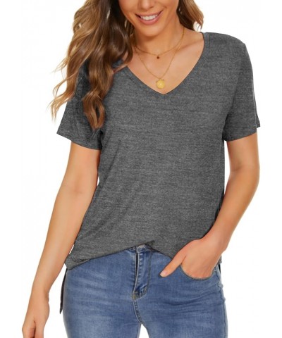 Summer Women Casual Short Sleeve Tops T-Shirts Tees with Side Split V-grey $11.50 T-Shirts