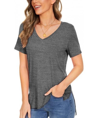 Summer Women Casual Short Sleeve Tops T-Shirts Tees with Side Split V-grey $11.50 T-Shirts