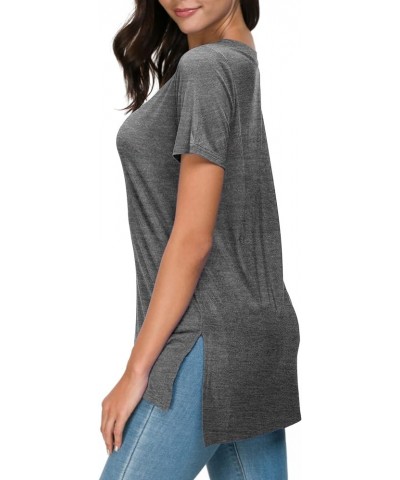 Summer Women Casual Short Sleeve Tops T-Shirts Tees with Side Split V-grey $11.50 T-Shirts