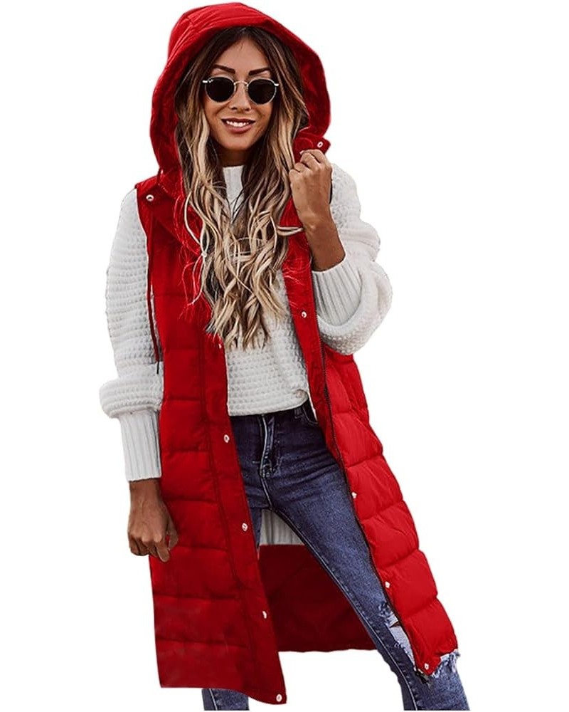 Women Long Puffer Vest Sleeveless Puffy Jacket with Hood 04-red $15.40 Vests