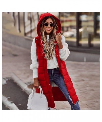 Women Long Puffer Vest Sleeveless Puffy Jacket with Hood 04-red $15.40 Vests