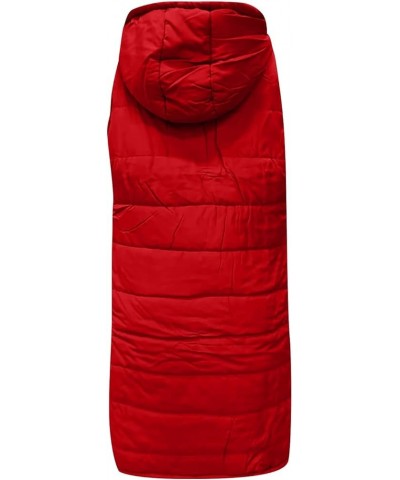 Women Long Puffer Vest Sleeveless Puffy Jacket with Hood 04-red $15.40 Vests