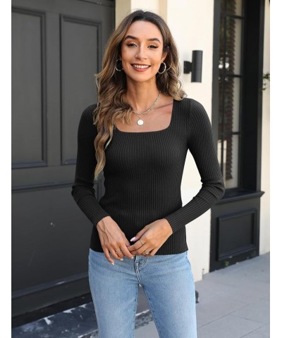 Womens Long Sleeve Square Neck T Shirts 2023 Slim Fitted Ribbed Knit Casual Solid Tee Tops A Black $9.87 T-Shirts