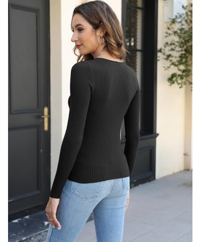 Womens Long Sleeve Square Neck T Shirts 2023 Slim Fitted Ribbed Knit Casual Solid Tee Tops A Black $9.87 T-Shirts