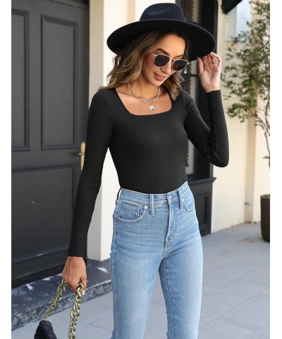 Womens Long Sleeve Square Neck T Shirts 2023 Slim Fitted Ribbed Knit Casual Solid Tee Tops A Black $9.87 T-Shirts