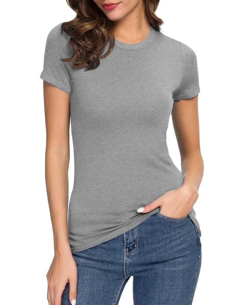 Women's Crewneck Slim Fitted Short Sleeve T-Shirt Stretchy Bodycon Basic Tee Tops Heather Grey $12.43 T-Shirts