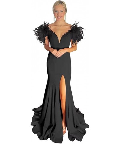 Off Shoulder Satin Mermaid Prom Dresses Feather Formal Gowns V Neck Evening Party Gowns with Slit Black $38.54 Dresses