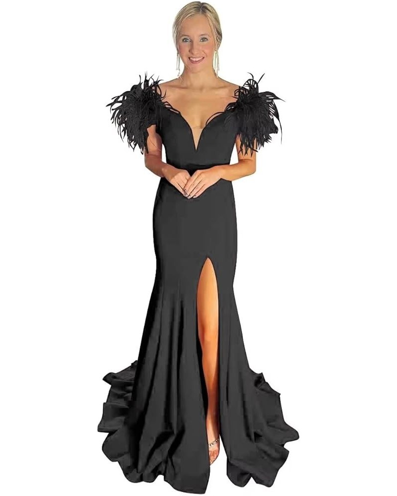 Off Shoulder Satin Mermaid Prom Dresses Feather Formal Gowns V Neck Evening Party Gowns with Slit Black $38.54 Dresses