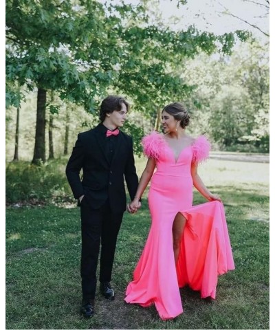 Off Shoulder Satin Mermaid Prom Dresses Feather Formal Gowns V Neck Evening Party Gowns with Slit Black $38.54 Dresses