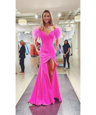 Off Shoulder Satin Mermaid Prom Dresses Feather Formal Gowns V Neck Evening Party Gowns with Slit Black $38.54 Dresses