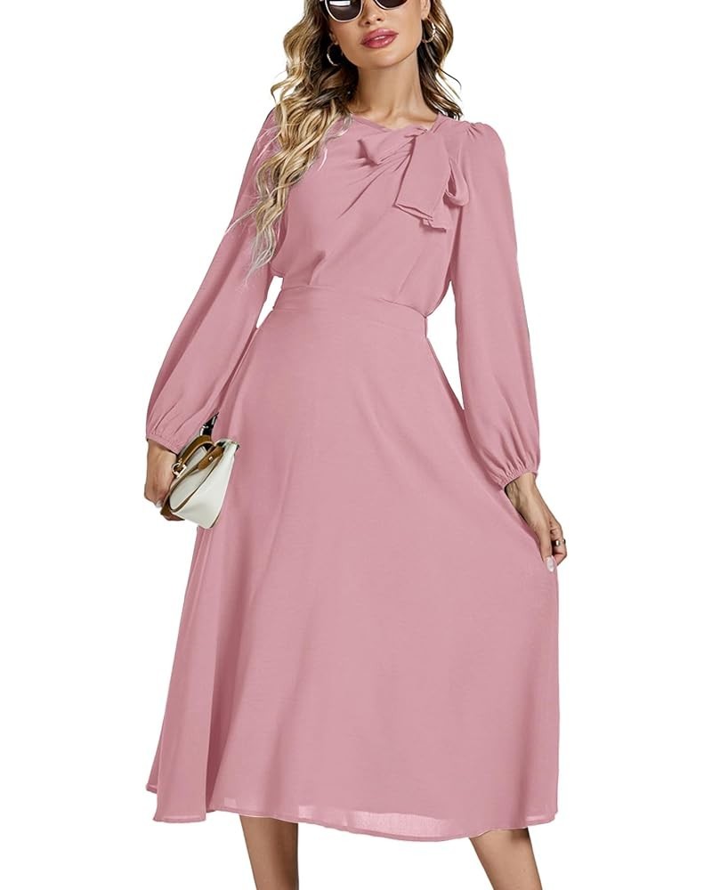 Women's Elegant Bow Tie Crew Neck Puff Long Sleeve A-Line Swing Midi Dress Light Pink $22.43 Others