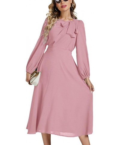 Women's Elegant Bow Tie Crew Neck Puff Long Sleeve A-Line Swing Midi Dress Light Pink $22.43 Others