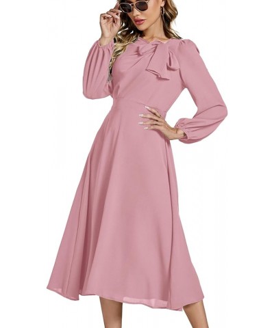 Women's Elegant Bow Tie Crew Neck Puff Long Sleeve A-Line Swing Midi Dress Light Pink $22.43 Others