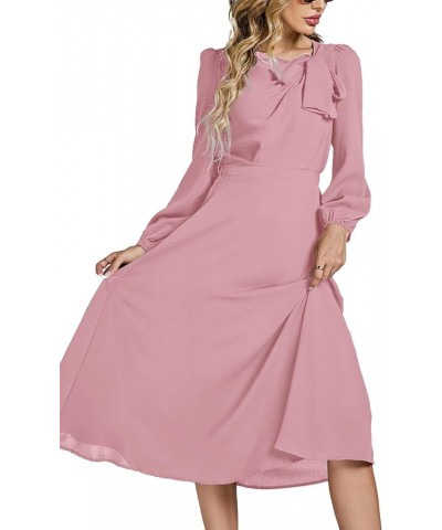 Women's Elegant Bow Tie Crew Neck Puff Long Sleeve A-Line Swing Midi Dress Light Pink $22.43 Others