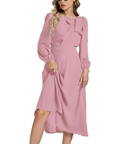 Women's Elegant Bow Tie Crew Neck Puff Long Sleeve A-Line Swing Midi Dress Light Pink $22.43 Others