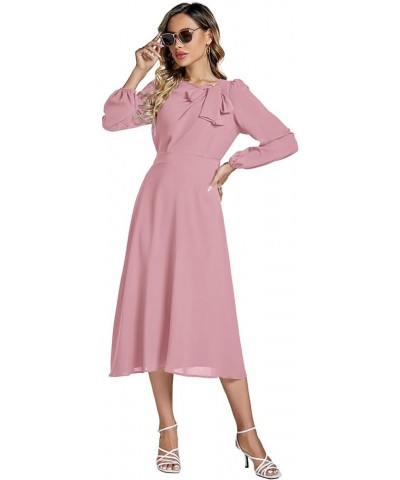 Women's Elegant Bow Tie Crew Neck Puff Long Sleeve A-Line Swing Midi Dress Light Pink $22.43 Others