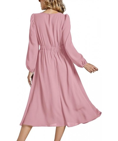 Women's Elegant Bow Tie Crew Neck Puff Long Sleeve A-Line Swing Midi Dress Light Pink $22.43 Others