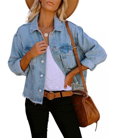 Women's Ribbed Distressed Denim Jacket Long Sleeve Button Up Jean Coat With Frayed Hem Blue 04 $13.71 Jackets