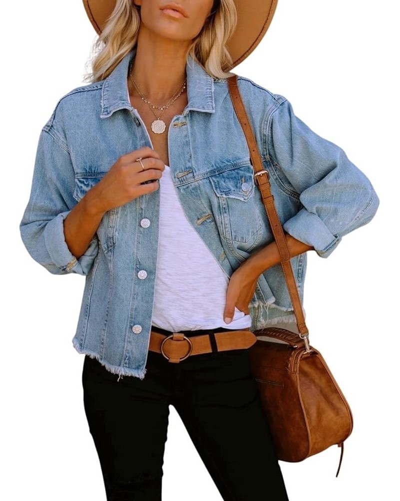 Women's Ribbed Distressed Denim Jacket Long Sleeve Button Up Jean Coat With Frayed Hem Blue 04 $13.71 Jackets