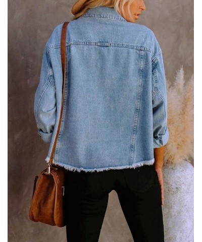 Women's Ribbed Distressed Denim Jacket Long Sleeve Button Up Jean Coat With Frayed Hem Blue 04 $13.71 Jackets