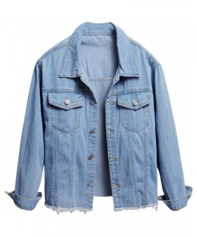 Women's Ribbed Distressed Denim Jacket Long Sleeve Button Up Jean Coat With Frayed Hem Blue 04 $13.71 Jackets