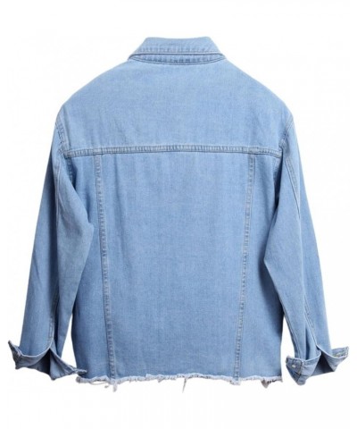 Women's Ribbed Distressed Denim Jacket Long Sleeve Button Up Jean Coat With Frayed Hem Blue 04 $13.71 Jackets