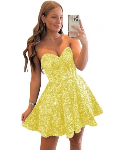 Sequin Short Homecoming Dresses for Teens Sparkly A Line Prom Dress Tight Cocktail Dresses Evening Gown with Pocket Yellow $2...