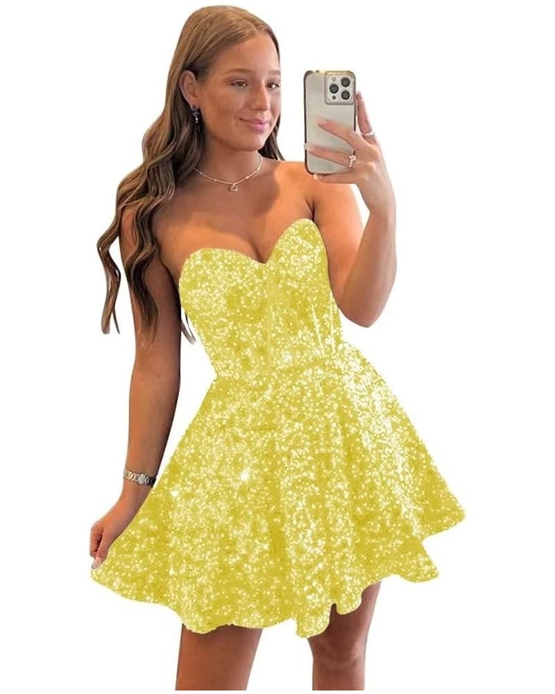 Sequin Short Homecoming Dresses for Teens Sparkly A Line Prom Dress Tight Cocktail Dresses Evening Gown with Pocket Yellow $2...