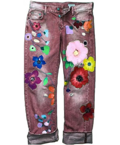 Floral Printed Jeans for Women Slim Casual Distressed Denim Long Pants,Light Blue,L 4X-Large Red $21.12 Jeans