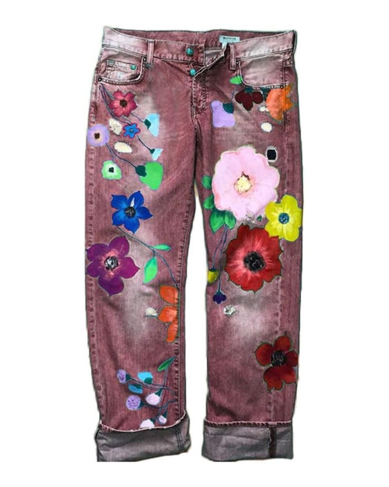 Floral Printed Jeans for Women Slim Casual Distressed Denim Long Pants,Light Blue,L 4X-Large Red $21.12 Jeans