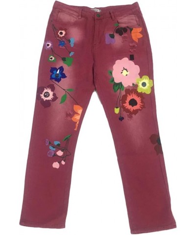 Floral Printed Jeans for Women Slim Casual Distressed Denim Long Pants,Light Blue,L 4X-Large Red $21.12 Jeans