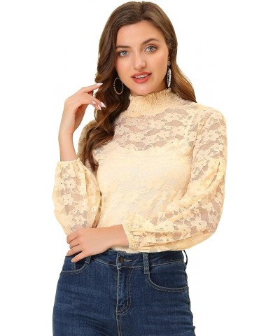 Women's Floral Lace Top Turtleneck Puff Long Sleeve See Through Sheer Blouse Light Beige $18.69 Blouses